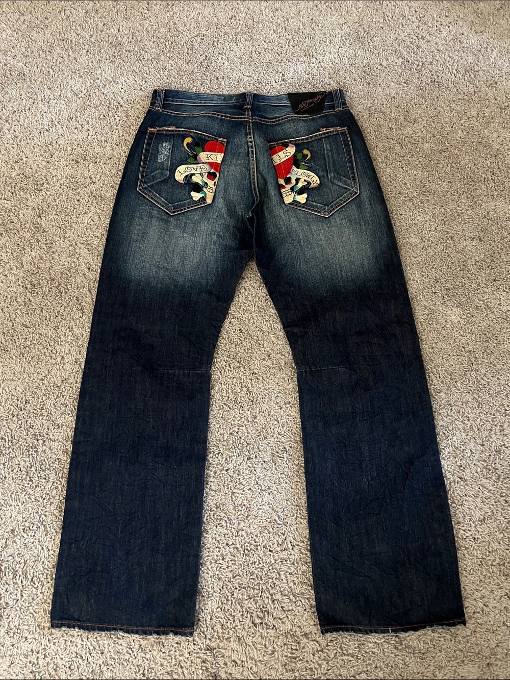 Ed Hardy Men’s Bootcut Jeans “Kills Love Slowly” with Skull Embroidered pockets